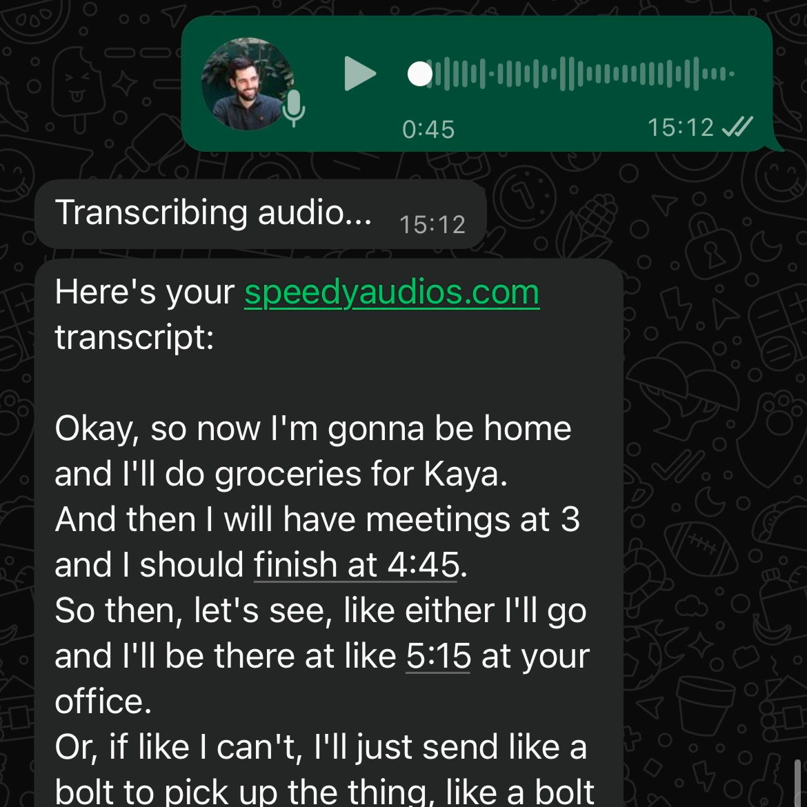SpeedyAudios WhatsApp chat showing a transcribed voice message